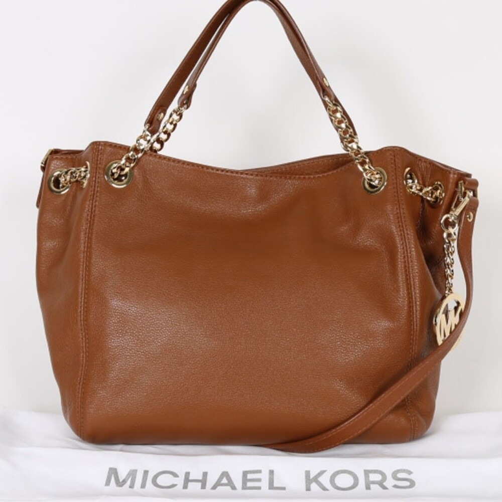 Michael Kors Bedford Luggage Pebbled Leather Hobo Shoulder Bag Gold Chain MK
